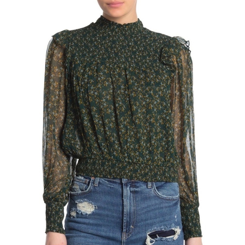 Free People Roma Blouse Green Floral Smocked Ruffle Mock Neck Top Size M